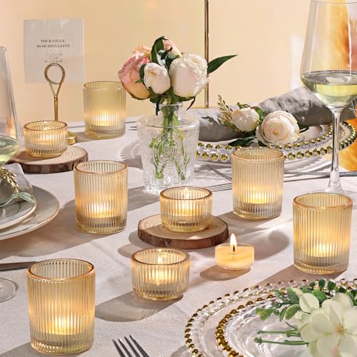 NITIME 20pcs Ribbed Gold Votive Candle Holders, Assorted Tea Light Candle Holder Glass for Wedding Table Decor, Gold Candle Holders for Table Centerpieces, Diwali, Brithday, Party and Holiday Decor - Image 3