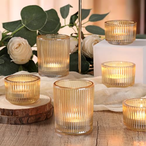 NITIME 20pcs Ribbed Gold Votive Candle Holders, Assorted Tea Light Candle Holder Glass for Wedding Table Decor, Gold Candle Holders for Table Centerpieces, Diwali, Brithday, Party and Holiday Decor - Image 4