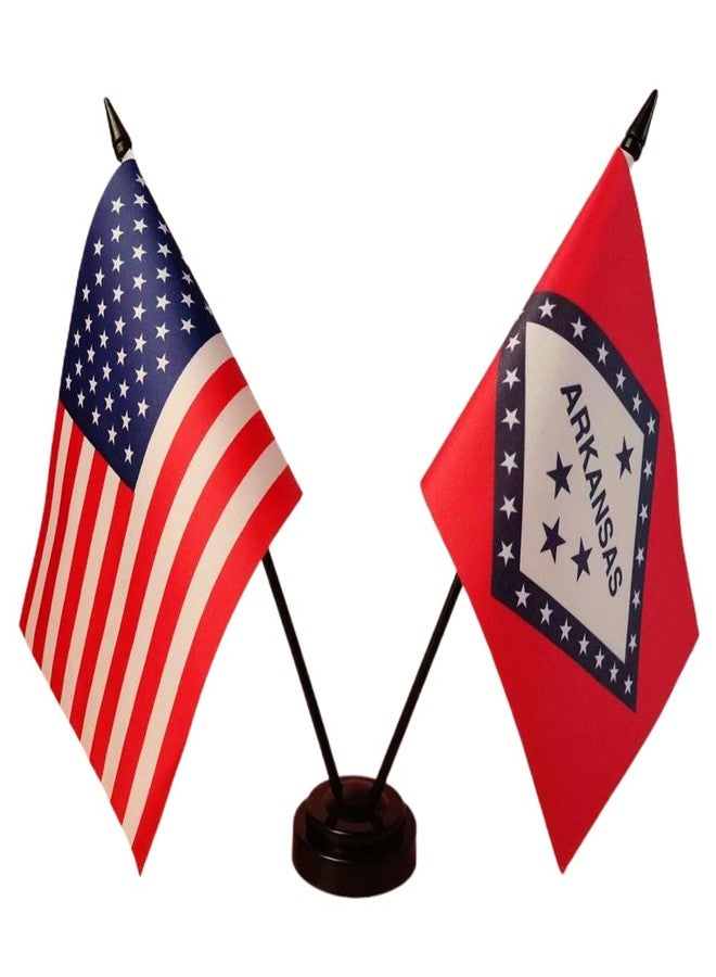 America & Arkansas Twin Desk Flag, US Arkansas Table Flags, 8 x 5 Inches American & Arkansas Deluxe Desk Flag Set - Miniature USA & Arkansas Stick Flag with Flag Stand