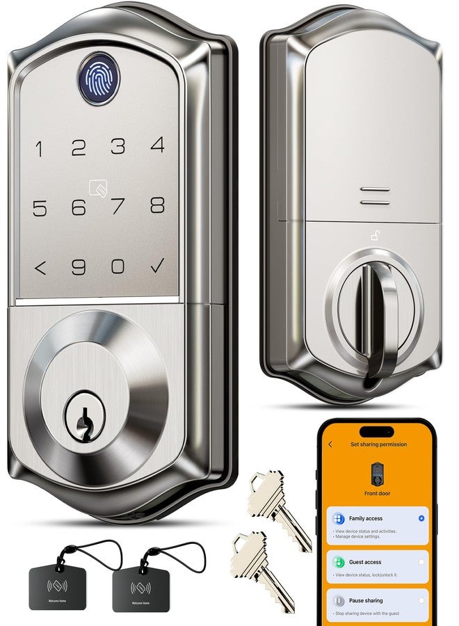 Veise VE017 Fingerprint Smart Door Lock, App Control, 7-in-1 Keyless Entry, Auto Lock, Emergency Power Port, Electronic Touchscreen Keypad, Biometric Smart Locks for Front Door, Satin Nickel - Image 1