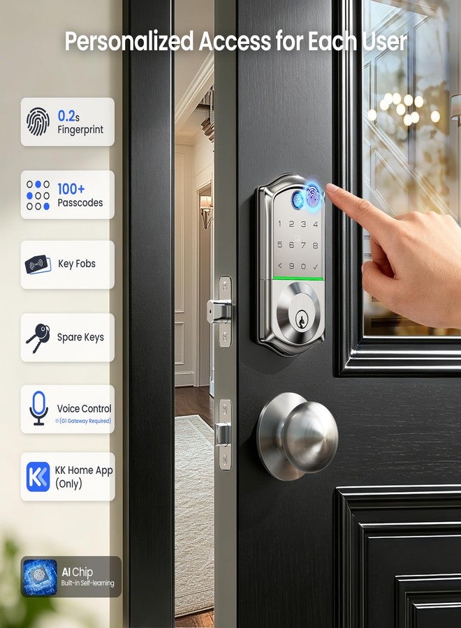 Veise VE017 Fingerprint Smart Door Lock, App Control, 7-in-1 Keyless Entry, Auto Lock, Emergency Power Port, Electronic Touchscreen Keypad, Biometric Smart Locks for Front Door, Satin Nickel - Image 3