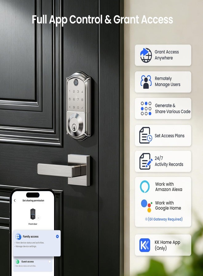 Veise VE017 Fingerprint Smart Door Lock, App Control, 7-in-1 Keyless Entry, Auto Lock, Emergency Power Port, Electronic Touchscreen Keypad, Biometric Smart Locks for Front Door, Satin Nickel - Image 2
