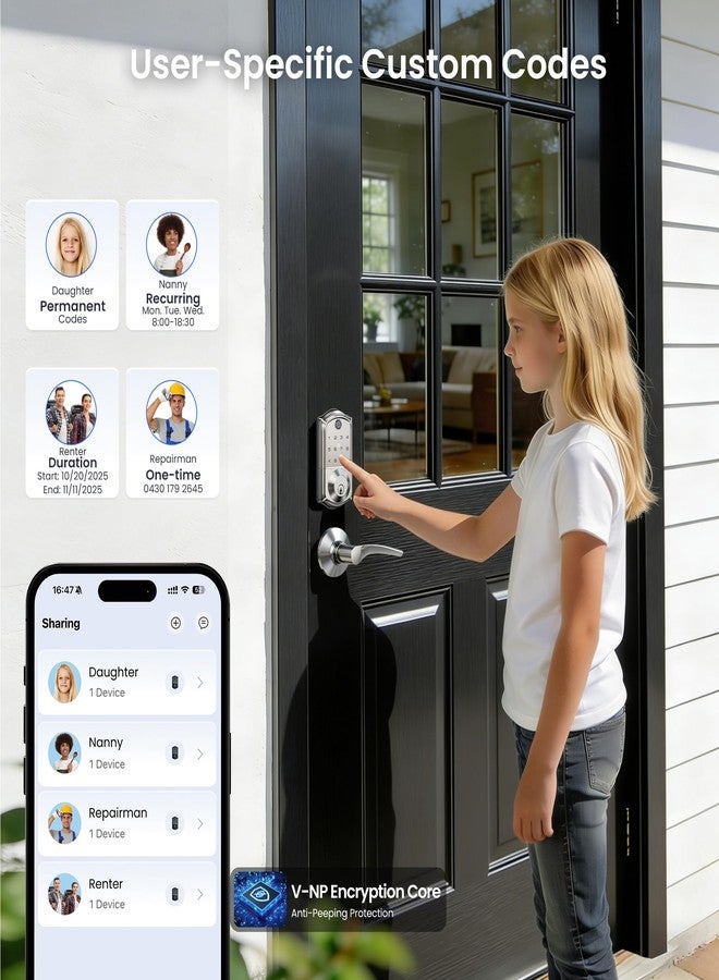 Veise VE017 Fingerprint Smart Door Lock, App Control, 7-in-1 Keyless Entry, Auto Lock, Emergency Power Port, Electronic Touchscreen Keypad, Biometric Smart Locks for Front Door, Satin Nickel - Image 4
