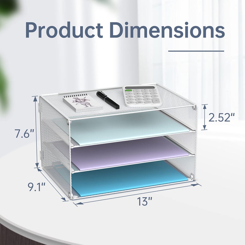 DALTACK 3 Tier Letter Tray Paper Organizer Mesh Metal Desk File Organizer for Home & Office, White - Image 3