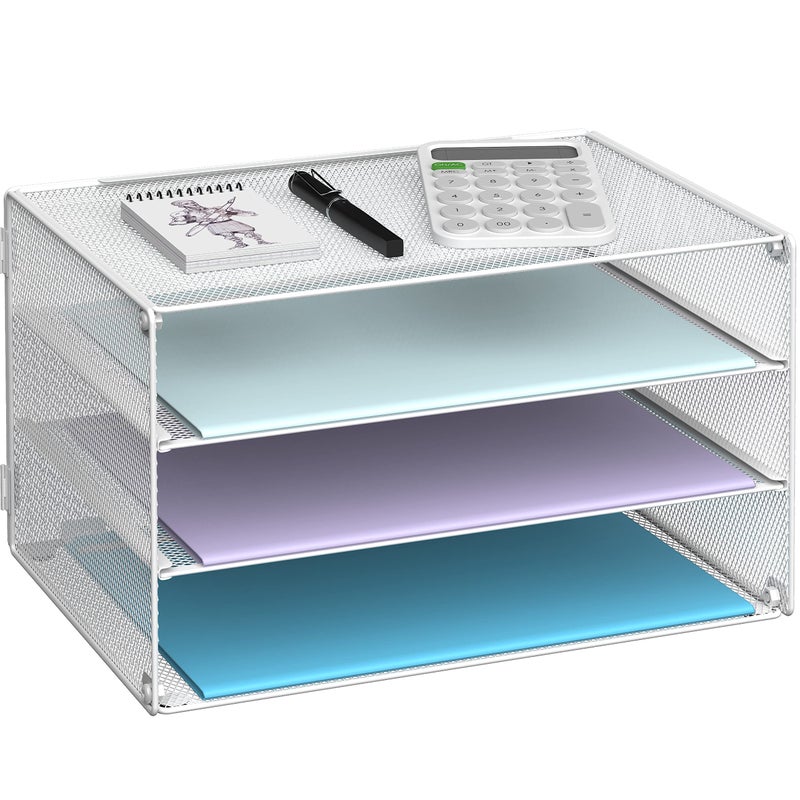 DALTACK 3 Tier Letter Tray Paper Organizer Mesh Metal Desk File Organizer for Home & Office, White - Image 1
