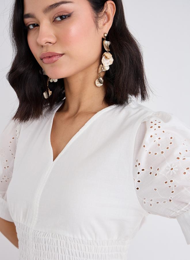 Styli Women White Schiffli V Neck A-Line Mid Dress - Image 4