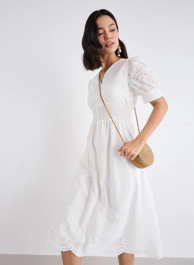 Styli Styli Women White Schiffli V Neck A-Line Mid Dress