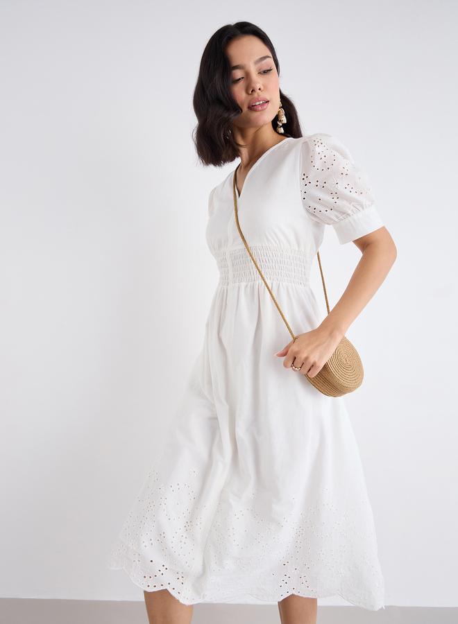 Styli Women White Schiffli V Neck A-Line Mid Dress - Image 1