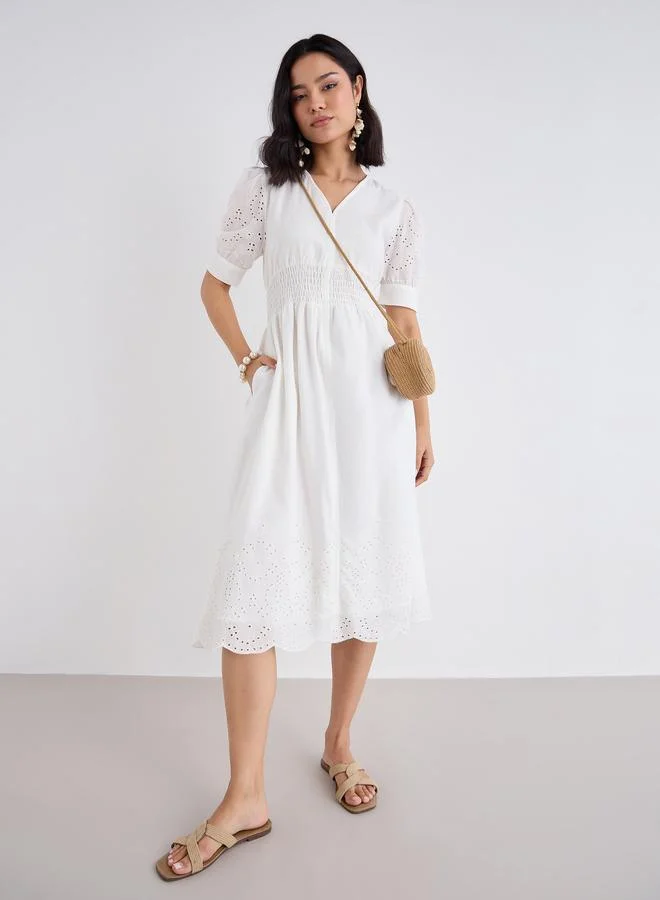 Styli Styli Women White Schiffli V Neck A-Line Mid Dress