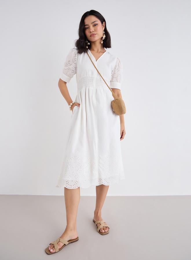 Styli Women White Schiffli V Neck A-Line Mid Dress - Image 2