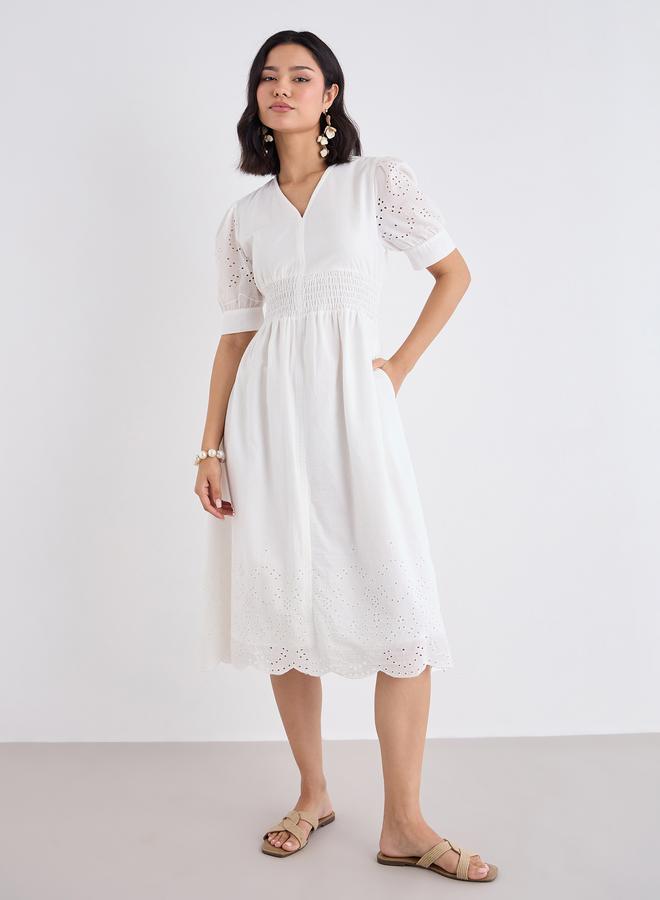 Styli Women White Schiffli V Neck A-Line Mid Dress - Image 3