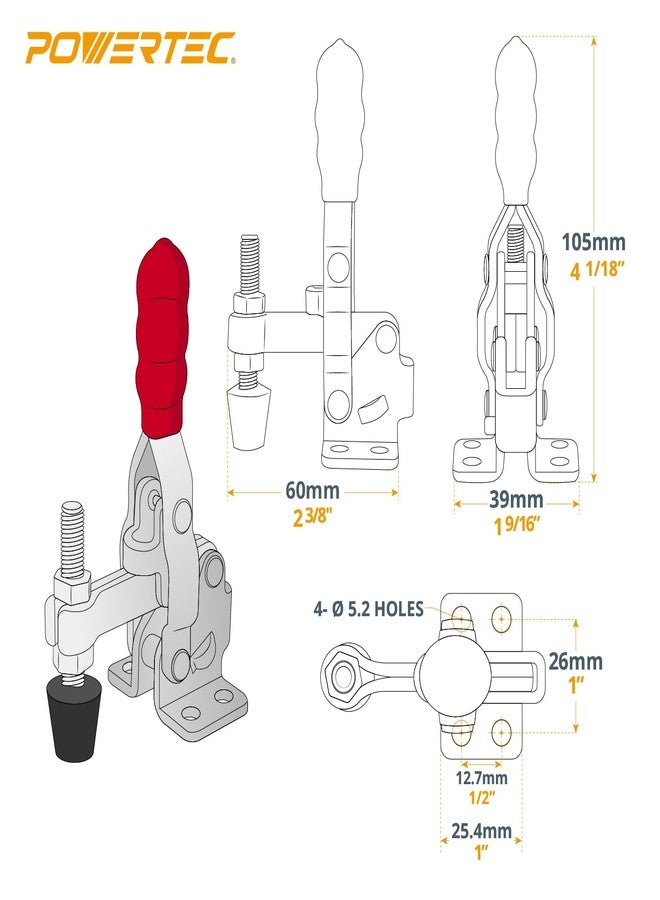 باورتيك مشبك تثبيت POWERTEC، عبوة واحدة، سعة تحمل 200 رطل، 12050 مشبكًا رأسيًا سريع الفك مع طرف ضغط مطاطي مانع للانزلاق، مناسب لأدوات النجارة والتركيبات، واللحام، ومثقاب الحفر، وزلاجة القطع المتقاطع (20303) - Image 2