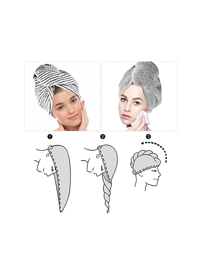 Zaboon Hair Towel Wrap, Hair Turban Towel Soft And Anti Frizz Head Towel Super Absorbent Hair Drying Towel With Buttons Fasten Salon Dry Hair Hat For Women Girls, 2 Pcs (Stripe, Grey) - Image 2