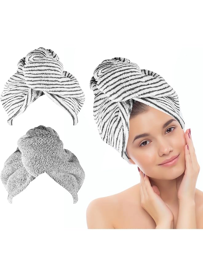 Zaboon Hair Towel Wrap, Hair Turban Towel Soft And Anti Frizz Head Towel Super Absorbent Hair Drying Towel With Buttons Fasten Salon Dry Hair Hat For Women Girls, 2 Pcs (Stripe, Grey) - Image 1