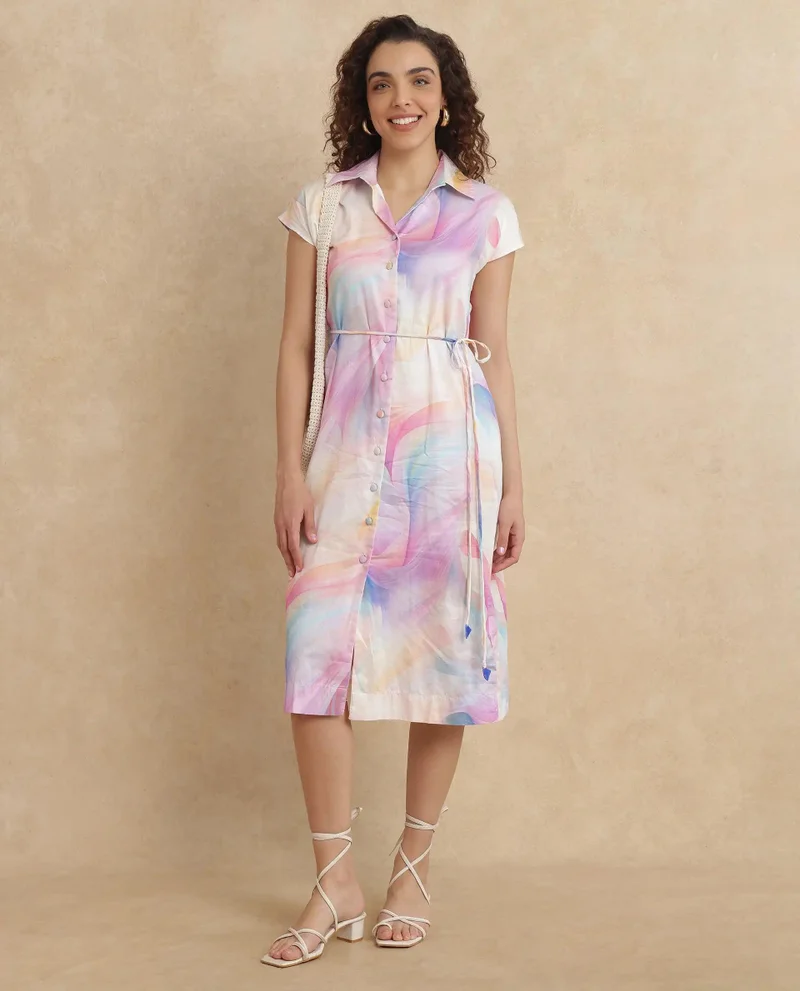 Rareism Women's Abstract Printed Shirt Dress