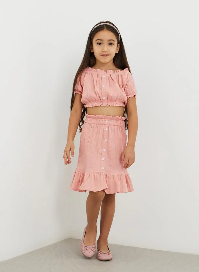 Styli Styli Buttoned Puff Sleeve Crop Top and Skirts Set