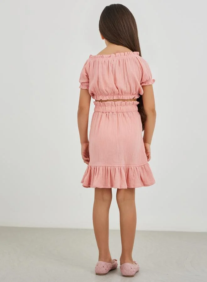 Styli Styli Buttoned Puff Sleeve Crop Top and Skirts Set