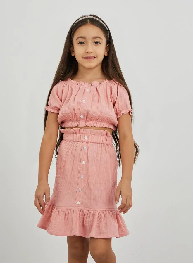 Styli Styli Buttoned Puff Sleeve Crop Top and Skirts Set