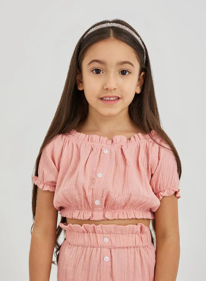 Styli Styli Buttoned Puff Sleeve Crop Top and Skirts Set