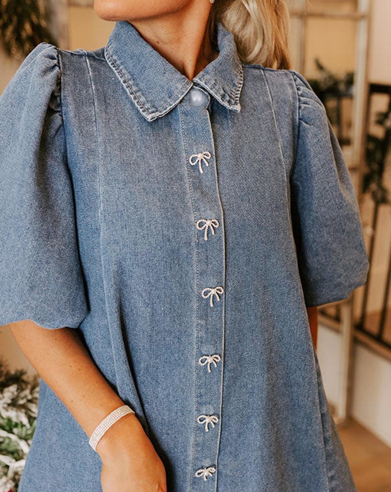 LifeShe Women Short Puff Sleeve Denim Dress Babydoll Mini Dress Casual Flowy Swing Jean Dresses Blue - Image 2