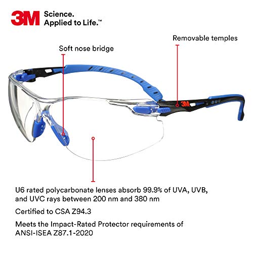 3M Safety Glasses, Solus 1000 Series, ANSI Z87, Scotchgard Anti-Fog, Clear Lens, Low Profile, Blue/Black Frame - Image 2