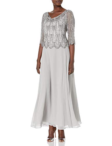 J Kara Women's 3/4 Scallop Beaded Pop Over Gown Dress, Silver/Mercury, 14 - Image 4