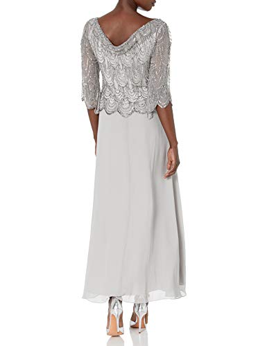 J Kara Women's 3/4 Scallop Beaded Pop Over Gown Dress, Silver/Mercury, 14 - Image 5