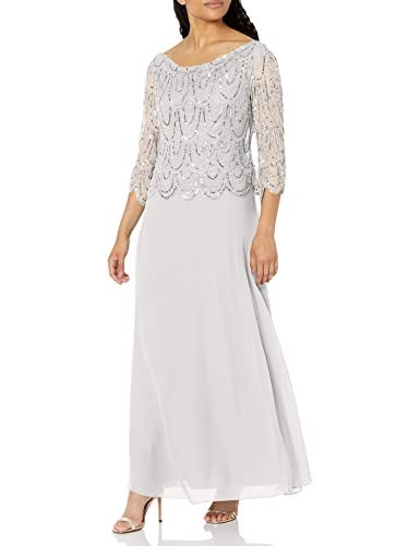 J Kara Women's 3/4 Scallop Beaded Pop Over Gown Dress, Silver/Mercury, 14 - Image 1