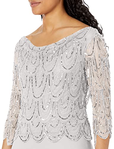 J Kara Women's 3/4 Scallop Beaded Pop Over Gown Dress, Silver/Mercury, 14 - Image 3