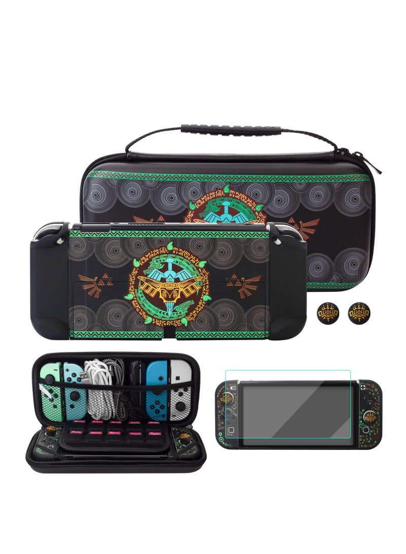 SOLARAE Carrying Case for Nintendo Switch OLED of Zelda, Black Travel Case with Waterproof Protective Cover, Glass Screen Protector, 2 Thumb Caps (for Tears of The Kingdom) - Image 1