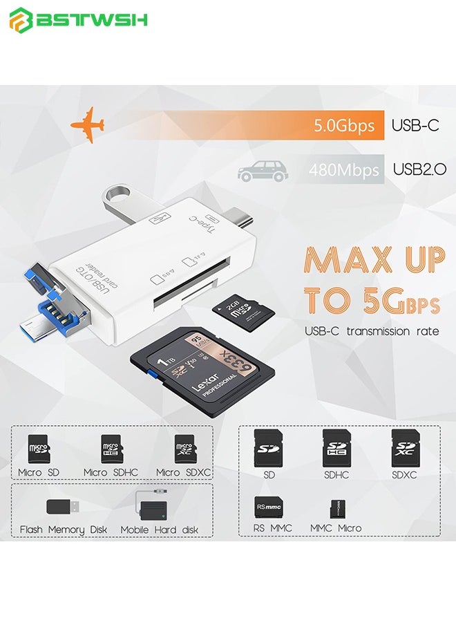 بستوش - قارئ بطاقة مايكرو اس دي لنظام ذكري المظهر، بطاقة مايكرو اس دي إلى محول USB، قارئ بطاقة USB C SD لقارئ بطاقة ذاكرة الكاميرا، قارئ بطاقة SD 6 في 1 من (عبوة من قطعتين باللون الأبيض) - Image 1