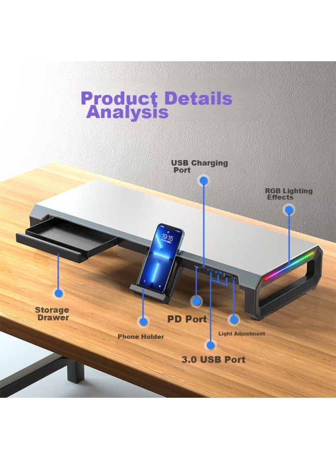 ICE COOREL Kurei Bingzun T2 Monitor Riser Stand, Usb3.0 Expansion, Computer Desk Stand, Desktop Keyboard Storage Rack, Laptop Aluminum Alloy Stand With Pd Fast Charging, Rgb Lights - Image 2