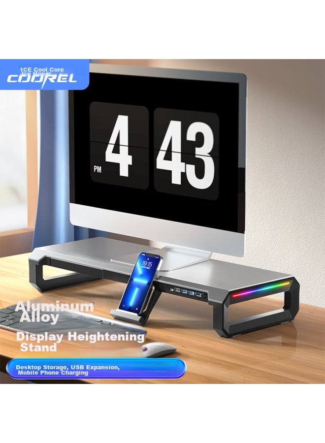 ICE COOREL Kurei Bingzun T2 Monitor Riser Stand, Usb3.0 Expansion, Computer Desk Stand, Desktop Keyboard Storage Rack, Laptop Aluminum Alloy Stand With Pd Fast Charging, Rgb Lights - Image 1