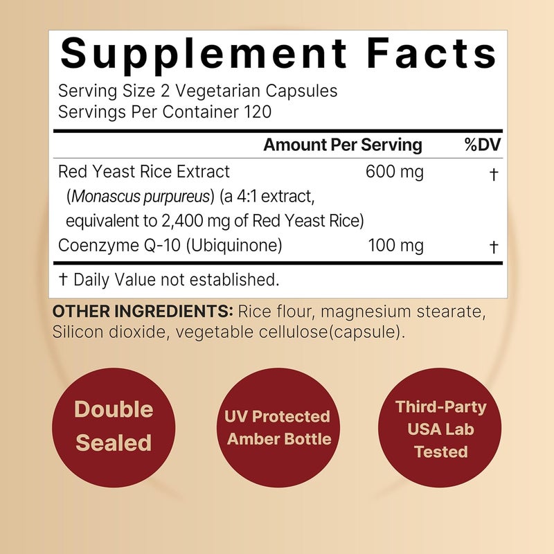 NatureBell أرز الخميرة الحمراء 2400 ملغ مع CoQ10 240 كبسولة نباتية 1200 ملغ لكل كبسولة مكمل عشبي متقدم لصحة القلب دعم مضاد للأكسدة للطاقة صحة القلب غير معدلة وراثيًا - Image 2