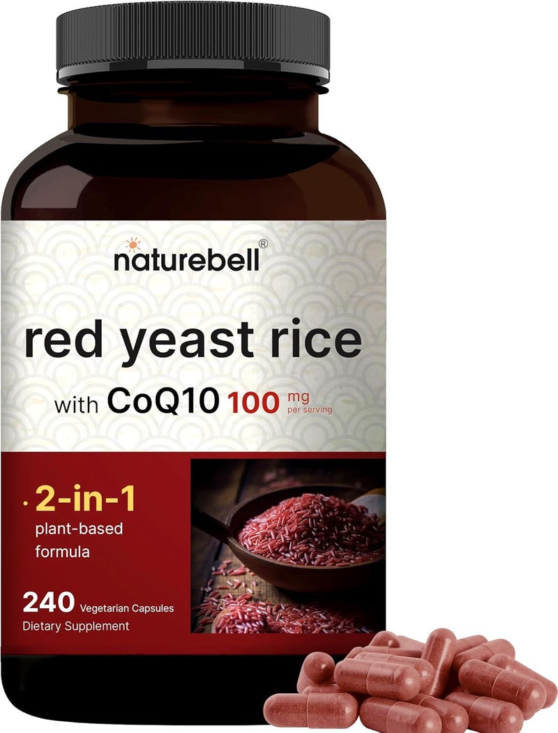 NatureBell أرز الخميرة الحمراء 2400 ملغ مع CoQ10 240 كبسولة نباتية 1200 ملغ لكل كبسولة مكمل عشبي متقدم لصحة القلب دعم مضاد للأكسدة للطاقة صحة القلب غير معدلة وراثيًا - Image 1
