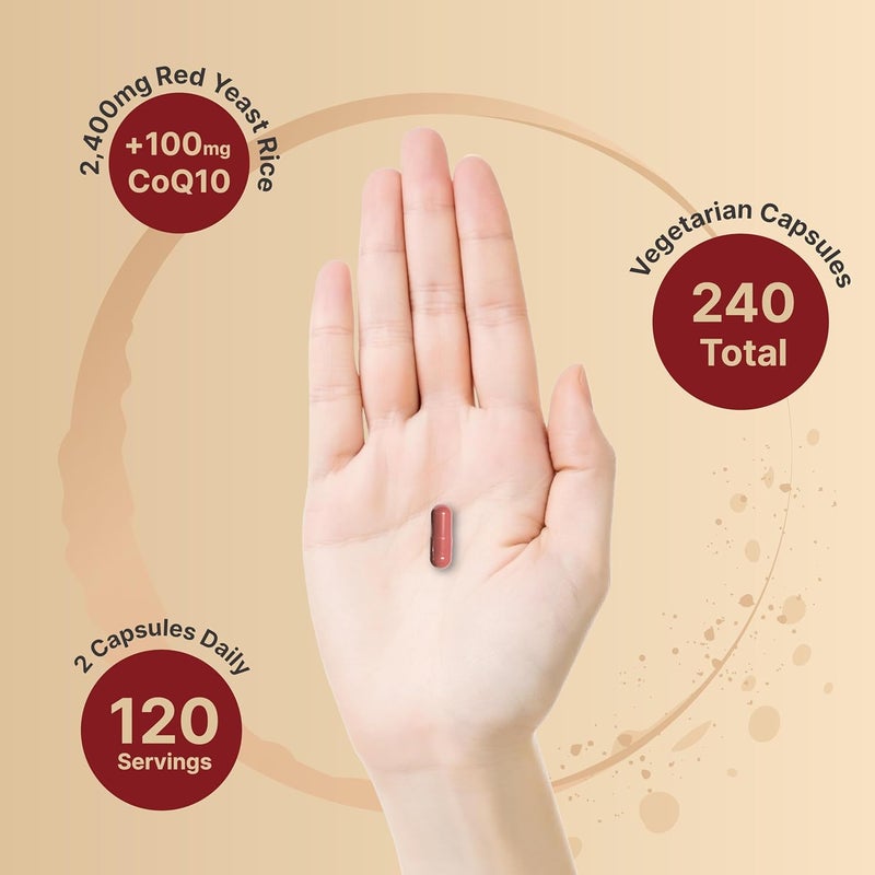 NatureBell أرز الخميرة الحمراء 2400 ملغ مع CoQ10 240 كبسولة نباتية 1200 ملغ لكل كبسولة مكمل عشبي متقدم لصحة القلب دعم مضاد للأكسدة للطاقة صحة القلب غير معدلة وراثيًا - Image 4