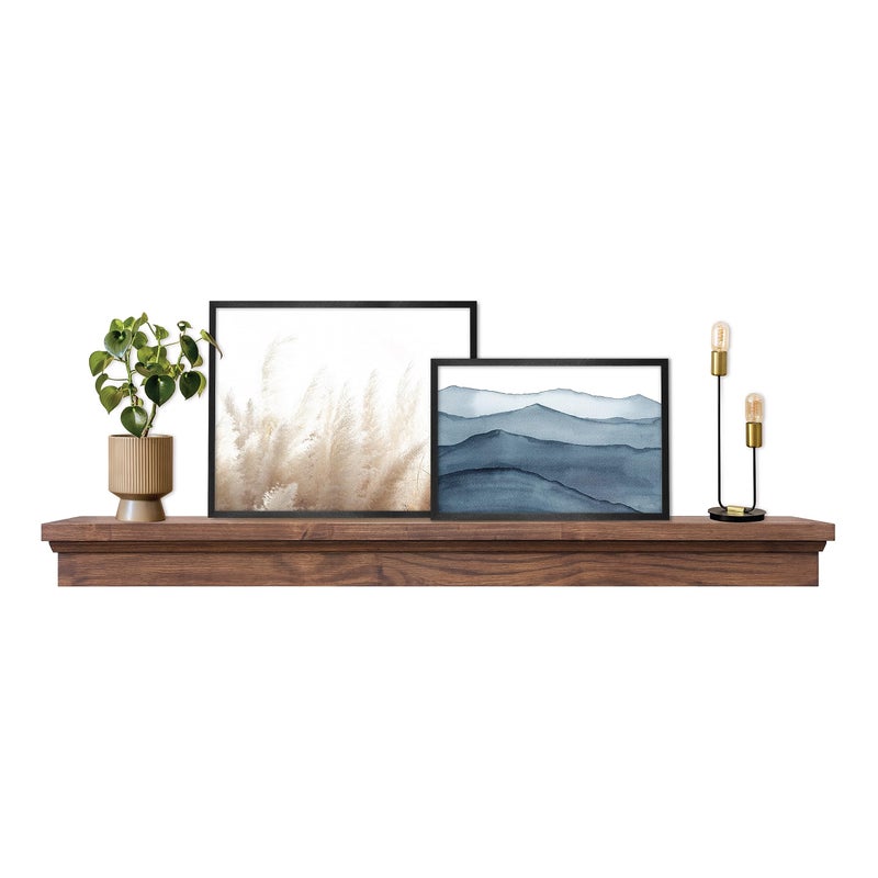 MCS MCS 60Inch Mantel Master  Co Walnut Woodgrain Solid Wood Floating Fireplace Mantel Long Floating Shelf for Livingroom with Wood Cleat Hanging System Photo and Home Decor Display Shelf