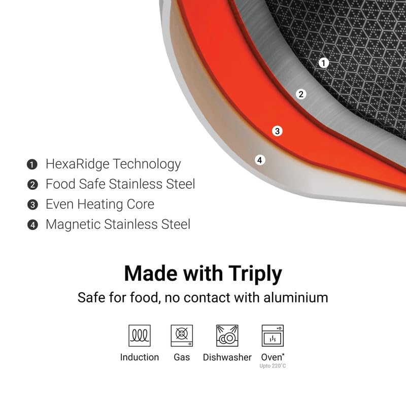 Stahl Artisan Hybrid 3 Piece Triply Stainless Steel Cookware Set | Kadhai 24cm + Fry Pan 24cm + Stainless Steel Lid | Induction & Gas Compatible | Non-Stick Honeycomb Hybrid Cookware Combo - Image 3