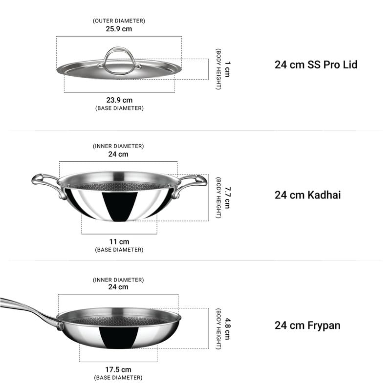 Stahl Artisan Hybrid 3 Piece Triply Stainless Steel Cookware Set | Kadhai 24cm + Fry Pan 24cm + Stainless Steel Lid | Induction & Gas Compatible | Non-Stick Honeycomb Hybrid Cookware Combo - Image 5