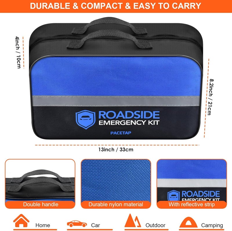 PACETAP Car Roadside Emergency Kit, Essential Auto Safety Road Side Assistance Tool Kit with Jumper Cables, Rain Coat, Tow Strap, Triangle and More Winter Vehicle Accessories - Image 2