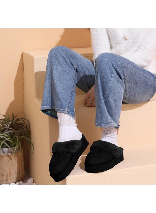 OOW Fuzzy Platform Slippers for Women Cozy Womens Platform Slippers Winter House Slippers for Women Indoor and Outdoor Black, 39 EU - Image 2