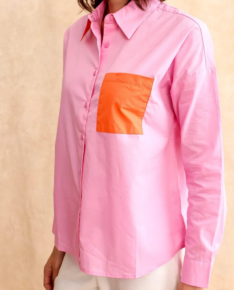 Rareism Women's Poplin Fabric Shirt With Contrast Pocket