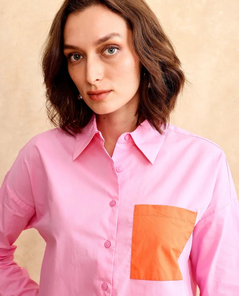 Rareism Women's Poplin Fabric Shirt With Contrast Pocket
