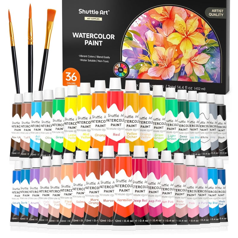 Shuttle Art Watercolor Paint Set 36 Colors Watercolor Paint in Tubes 12ml Each with 3 Brushes Rich Pigment Easy to Blend Perfect for Kids Artists Beginners Students