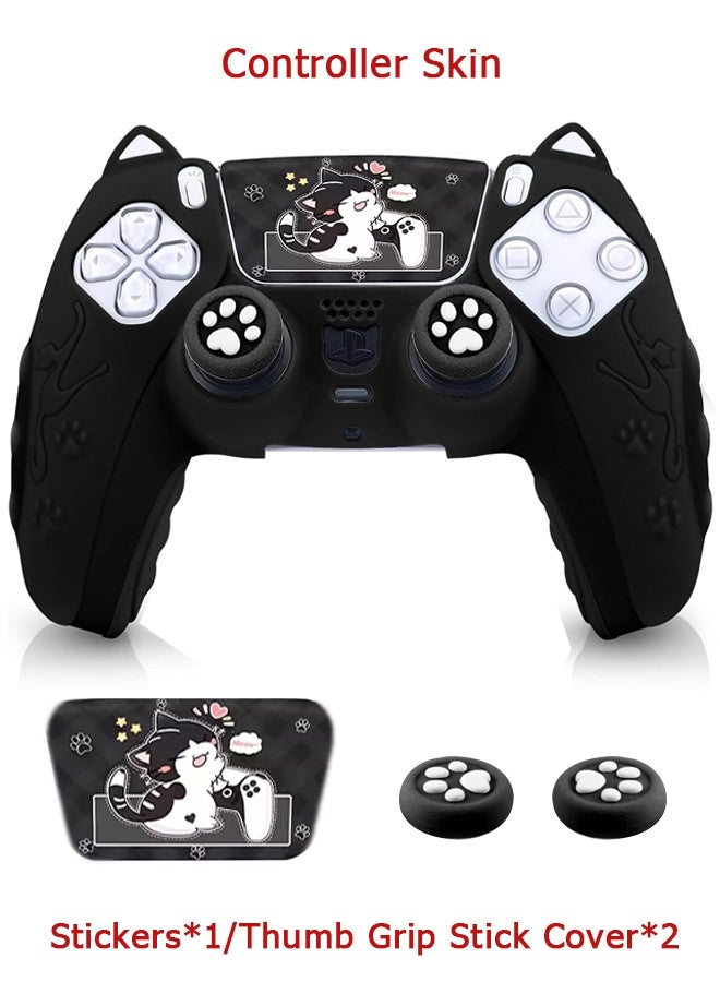 Wffo Cute Cat Paw PS5 Controller Skin - Silicone Controller Cover for PlayStation 5 Wireless Grip - with 2 Thumb Grip Caps - 1 cat Sticker - Anti-Slip Controller Cover Case - Black - Image 1
