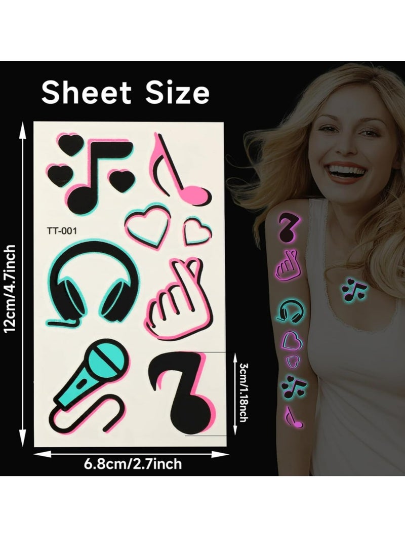 10 Sheet Glow in the Dark Temporary Tattoos,Glow Theme Party Tattoos Stickers with Luminous Neon Pink Blue Music Crown Note for Adults Kids - Image 2