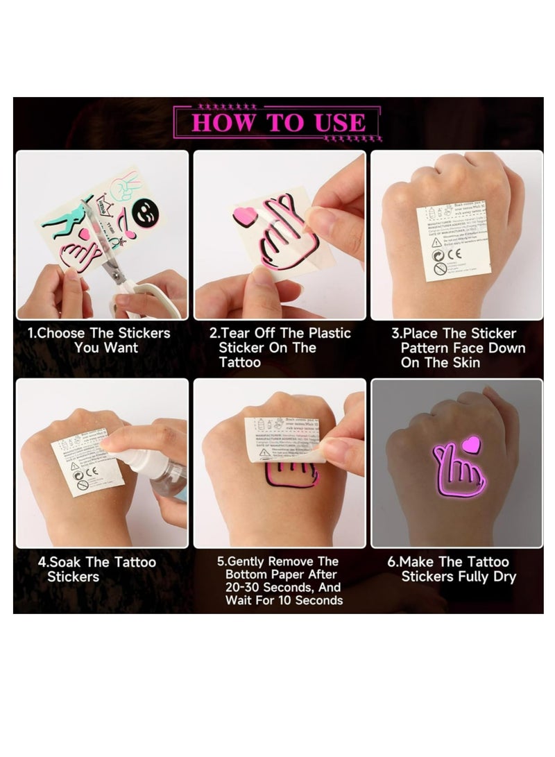10 Sheet Glow in the Dark Temporary Tattoos,Glow Theme Party Tattoos Stickers with Luminous Neon Pink Blue Music Crown Note for Adults Kids - Image 3
