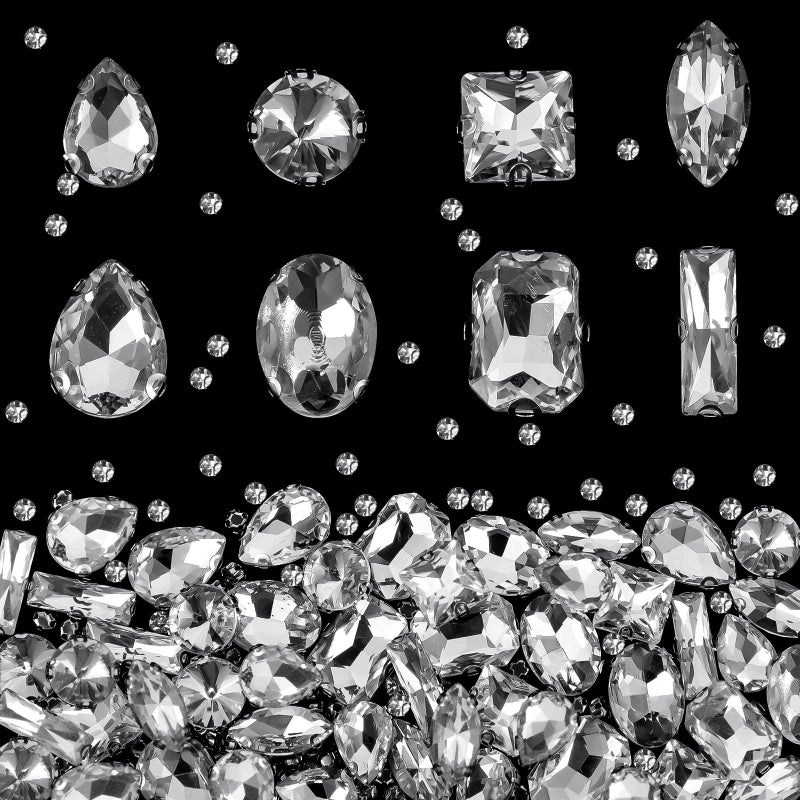 Dilunave 240 Pieces Large Sew on Rhinestones Clear Glass Crystal Gems Diamond Stone Metal Back Prong Setting Crafts Mix Shapes Claw for Jewelry Clothes Shoes Costume Clear White