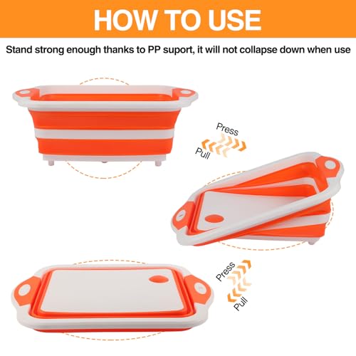 GuanBoXin Collapsible BBQ Prep Tub/Cutting Board 10L, Foldable Dish Tub with Colander, Portable Camping Sink, Multifunction Dishing Basin Bucket Wash Tub for Kitchen Fruit Vegetable Picnic (Orange) - Image 3