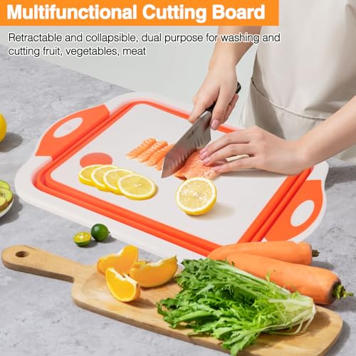 GuanBoXin Collapsible BBQ Prep Tub/Cutting Board 10L, Foldable Dish Tub with Colander, Portable Camping Sink, Multifunction Dishing Basin Bucket Wash Tub for Kitchen Fruit Vegetable Picnic (Orange) - Image 5